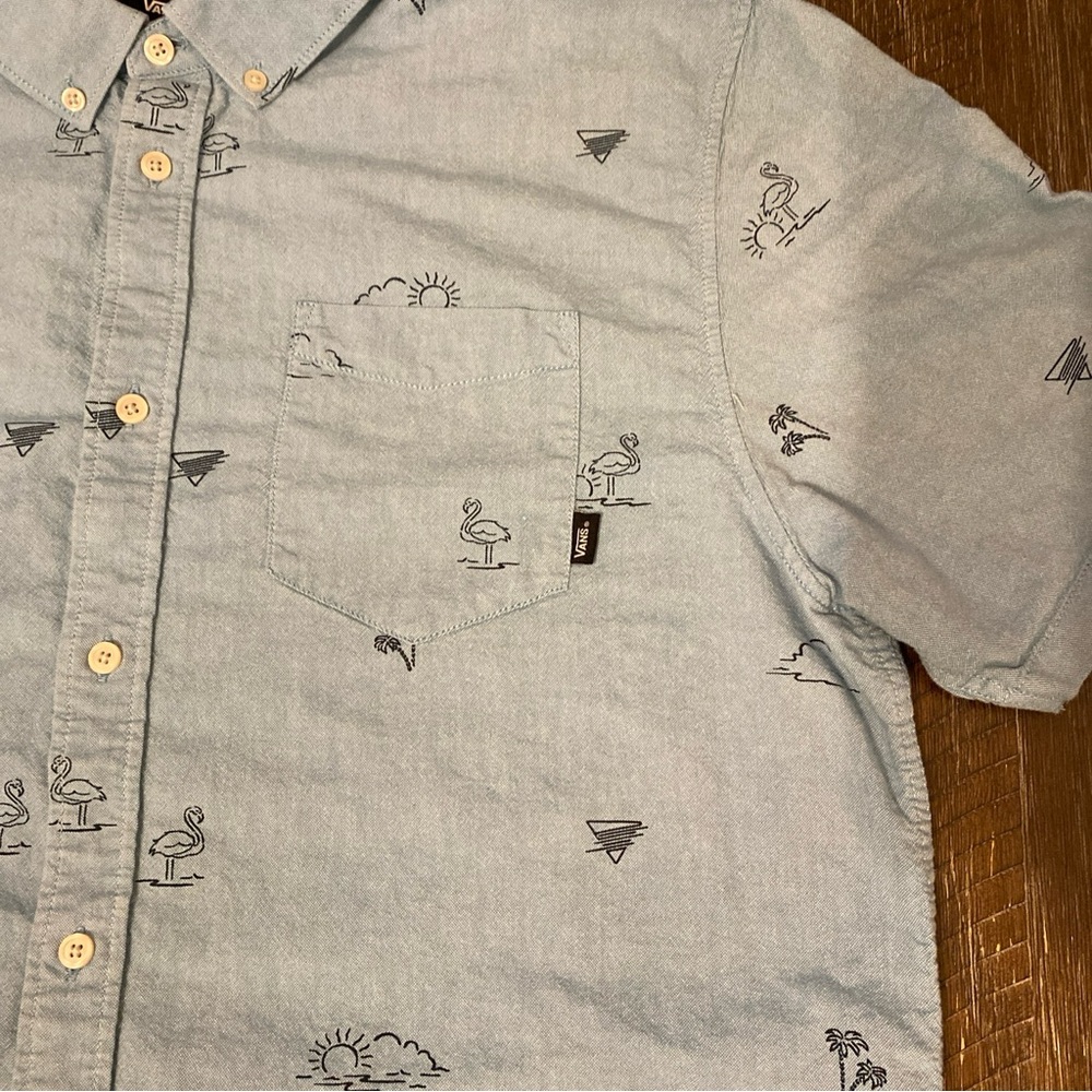 VANS Shirt Adult XL Light Blue Flamingo All Over Print Casual Mens Skater - Picture 6 of 10